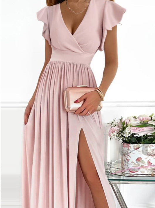 V Neck Printed Short Sleeve Slit Dress