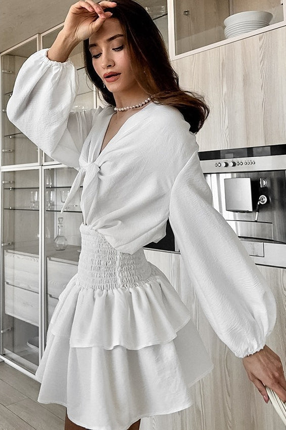 Tie Front White Long Sleeve Mini Dress