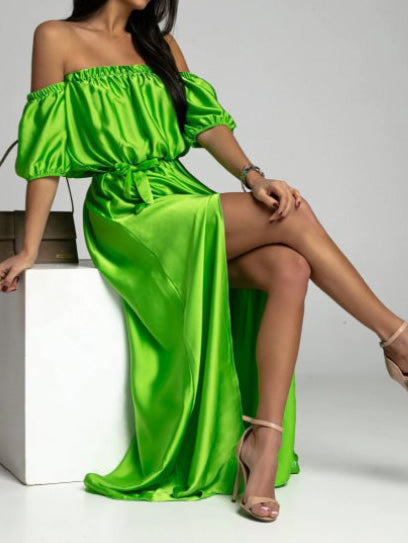 One Shoulder Short Sleeve Slit Dress