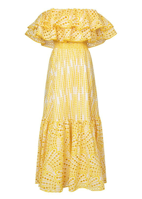 Soleia Ruffle Off Shoulder Dress EmbroideRed Boho Midi
