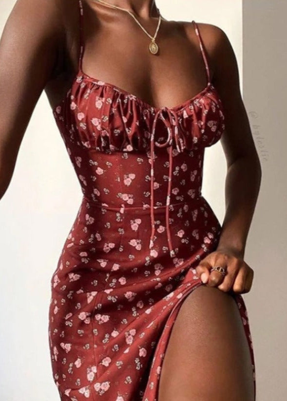 Roselle Charm Ruched Midi Dress with Side Slit