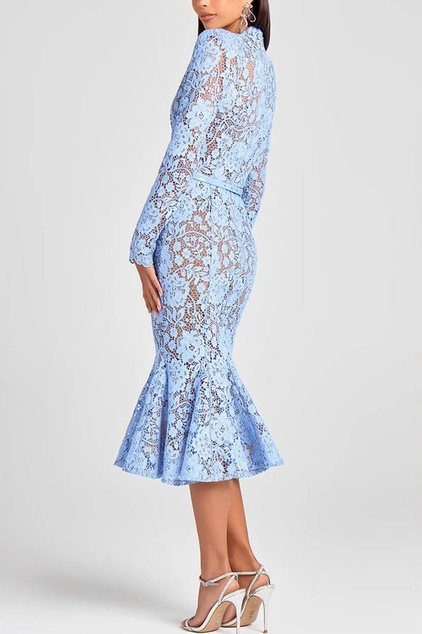 Sheer Hollow Out Belted Mermaid Lace Dress