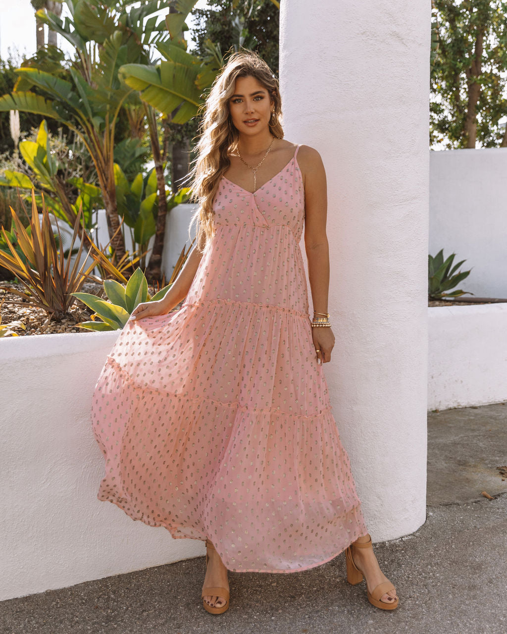 Fathoms Below Adjustable Metallic Tiered Maxi Dress Rose FINAL
