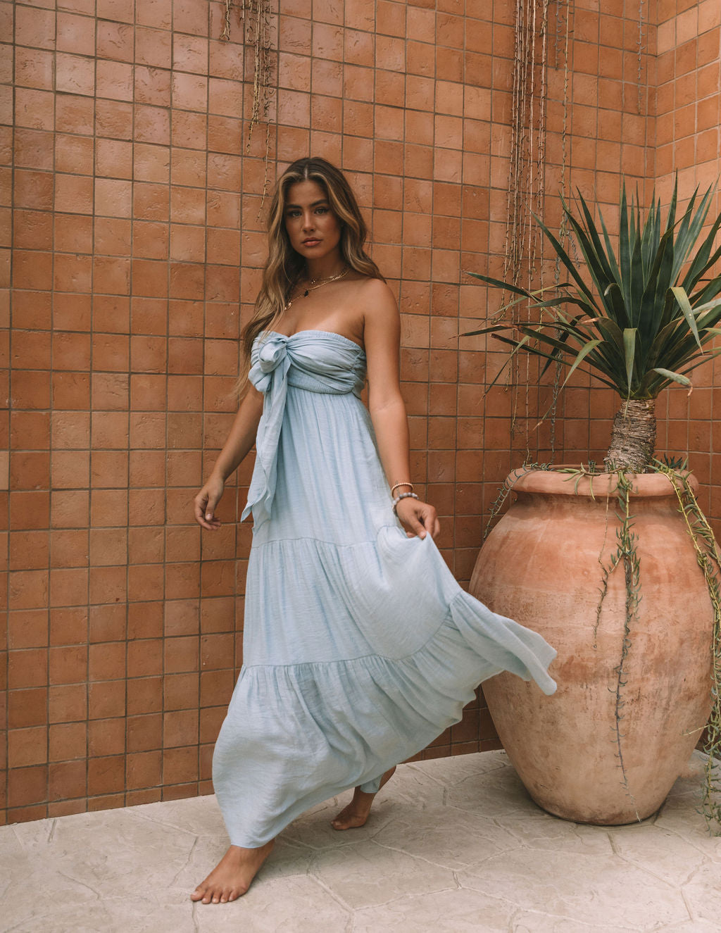 Hattie Strapless Pocketed Tie Front Maxi Dress Waterlily