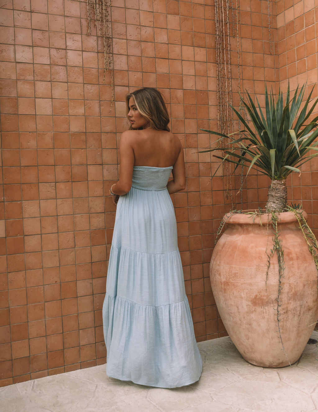Hattie Strapless Pocketed Tie Front Maxi Dress Waterlily