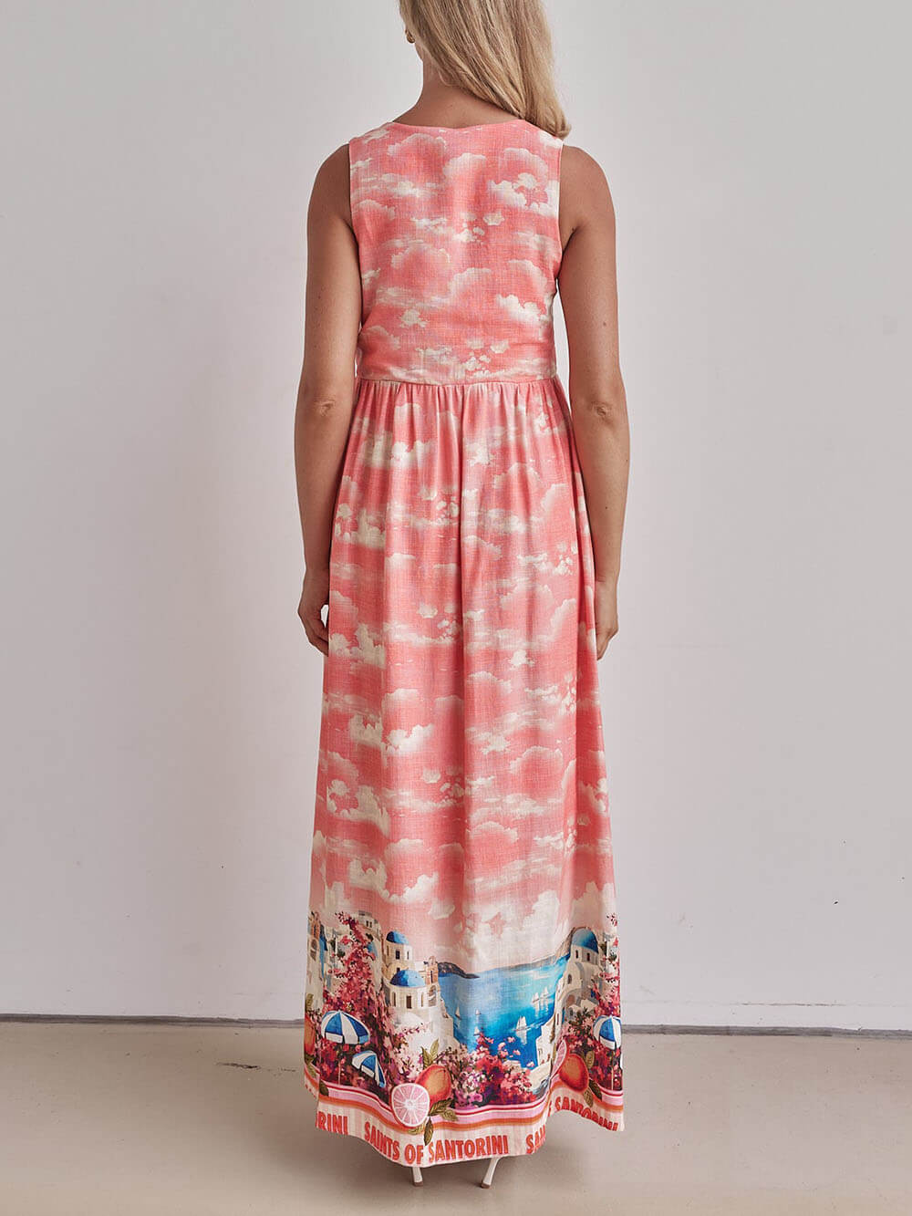 Unique Ink Print V Neck Lace Up Loose Fitting A Line Maxi Dress