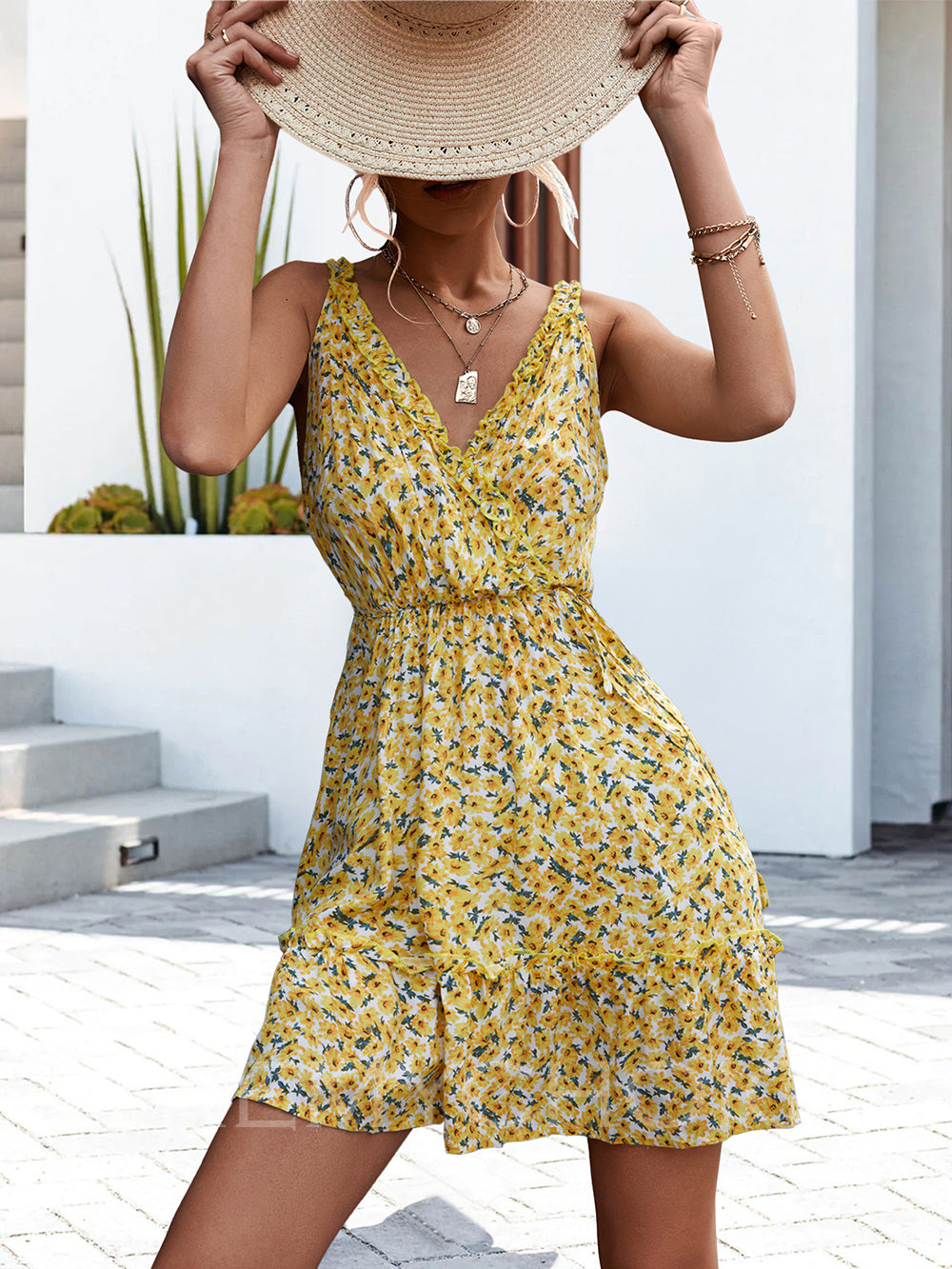 Women Sexy V neck Ruffles Sun Dress