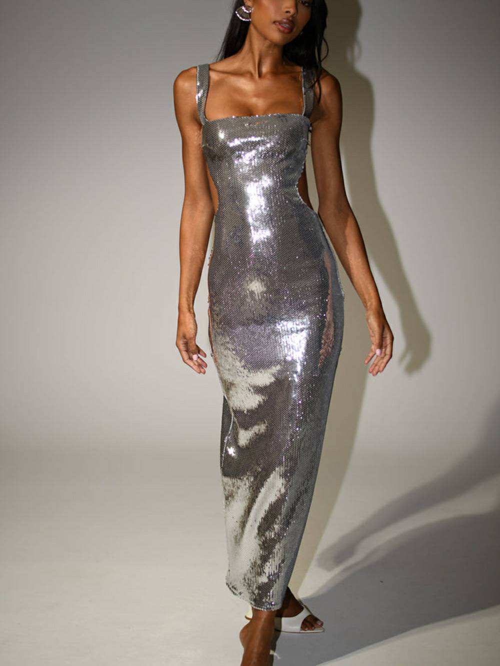 Sequin Cut Out Maxi Dress Silver