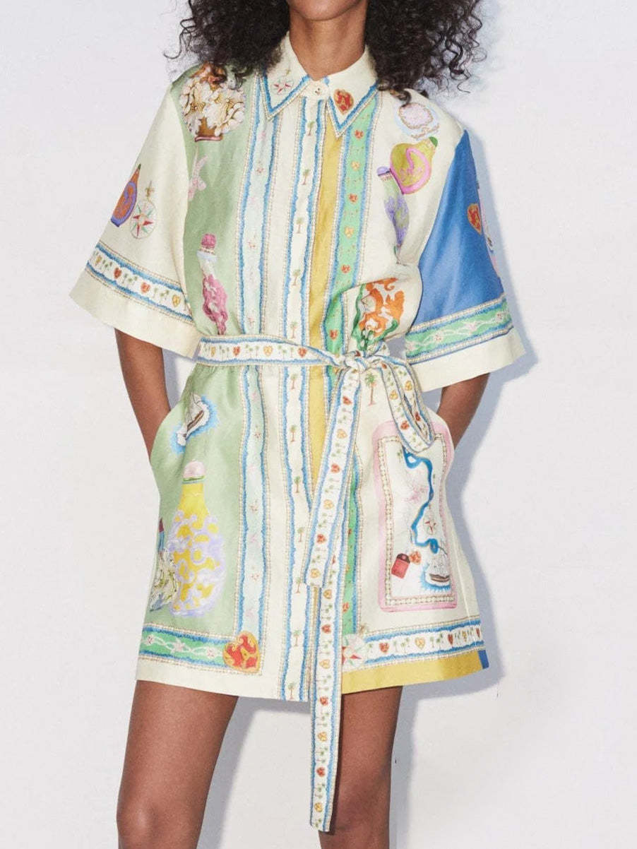 Unique Exquisite Oil Painting Print Lace Up Cardigan Mini Dress