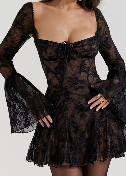 Self Tie Lace Long Sleeve Dress Vibrant Red