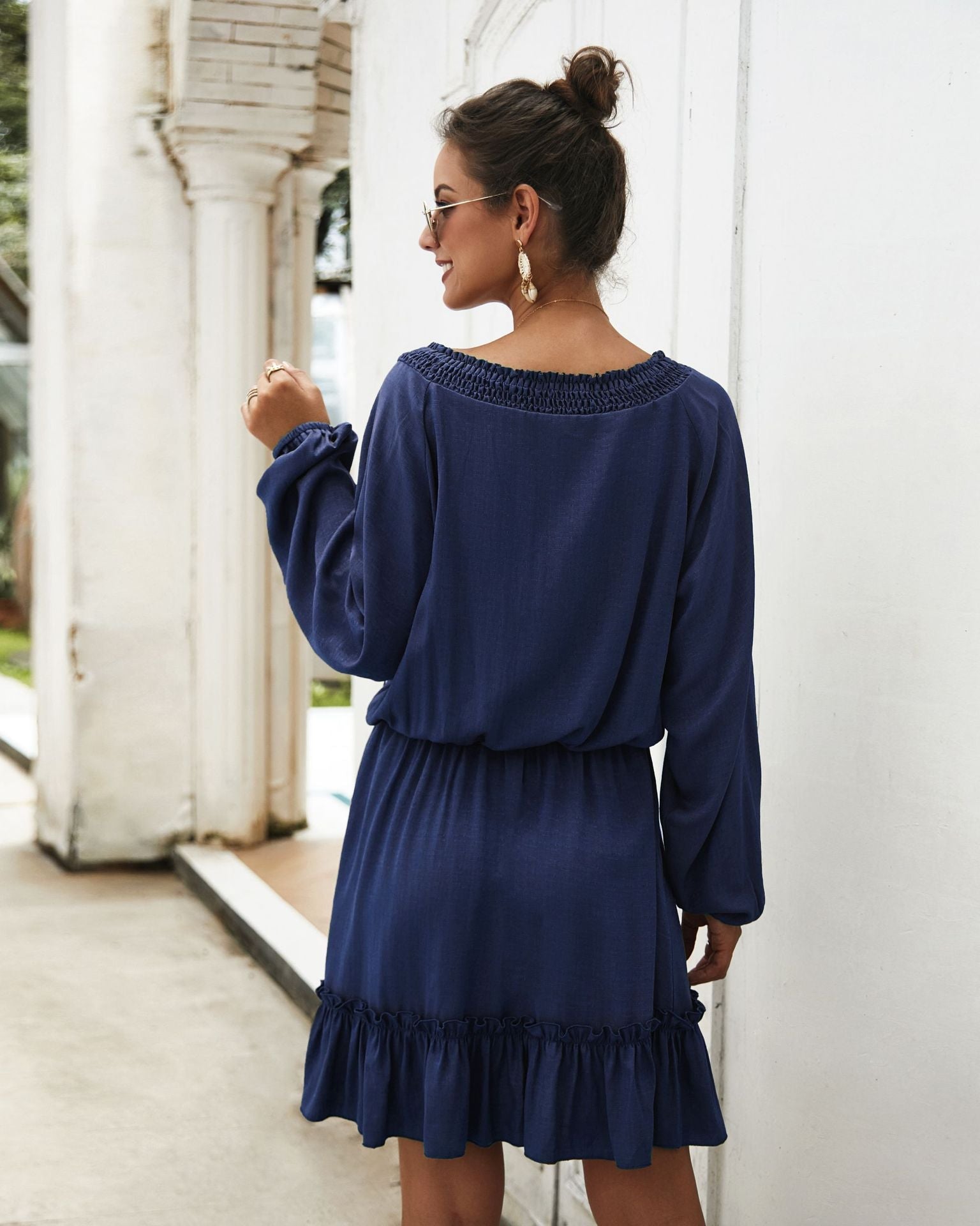 Paros Textured Satin Balloon Sleeve Dress Navy