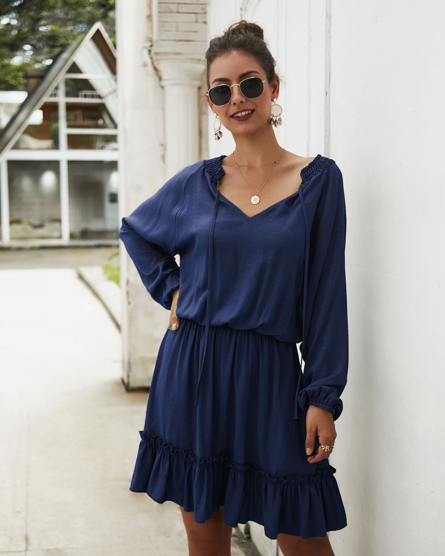 Paros Textured Satin Balloon Sleeve Dress Navy