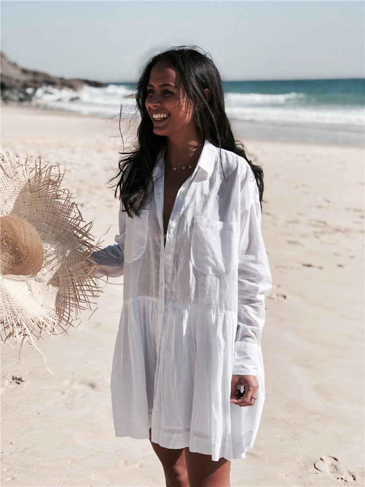 Dodie Cotton Pocketed Puff Sleeve Babydoll Dress White