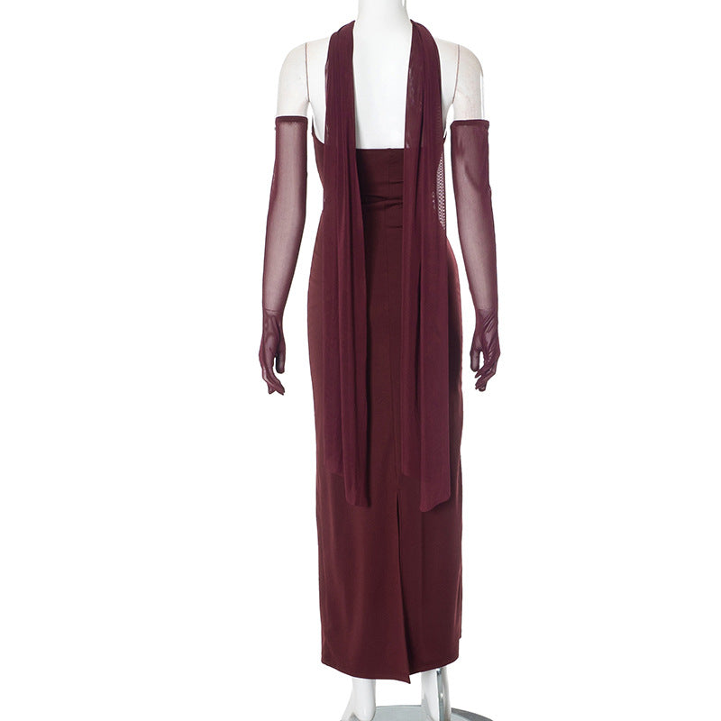 Hudson Maxi Dress With Stole And Gloves Maroon