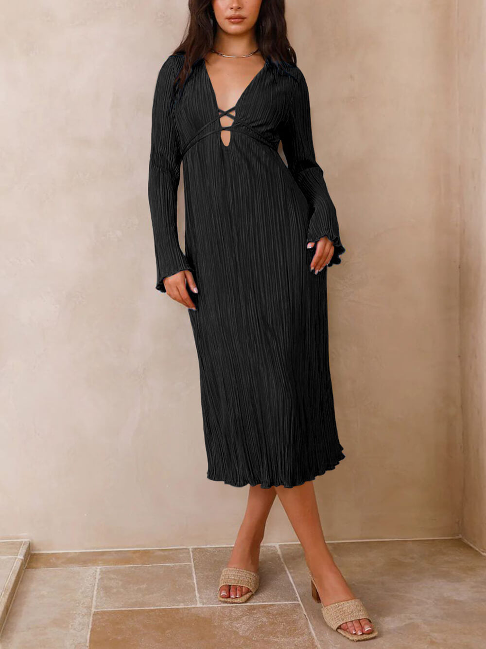 Mountain Vistas Draped Pleated Bell Sleeve Midi Dress