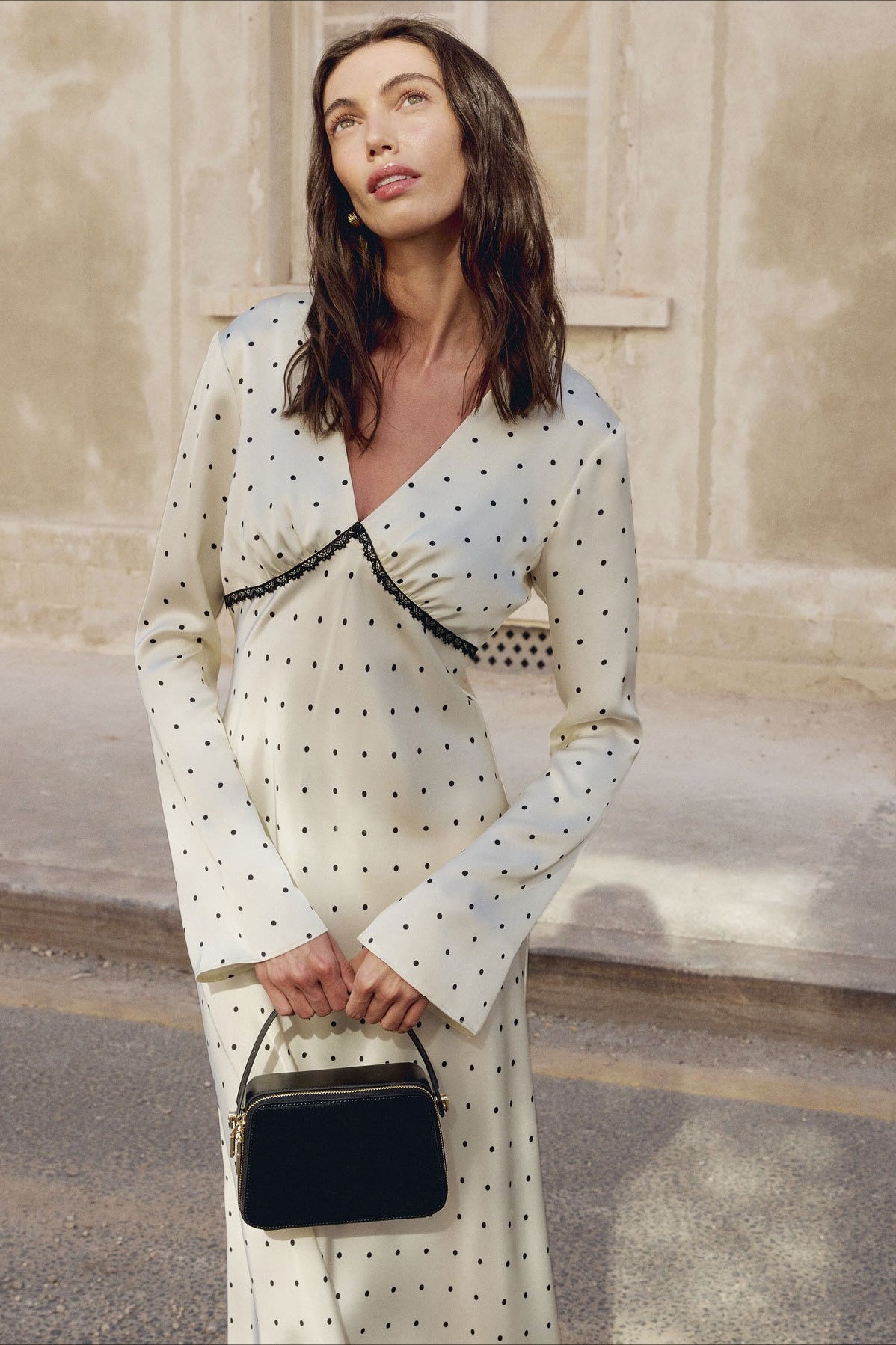 Satin Polka Dot V Neck A Line Midi Dress