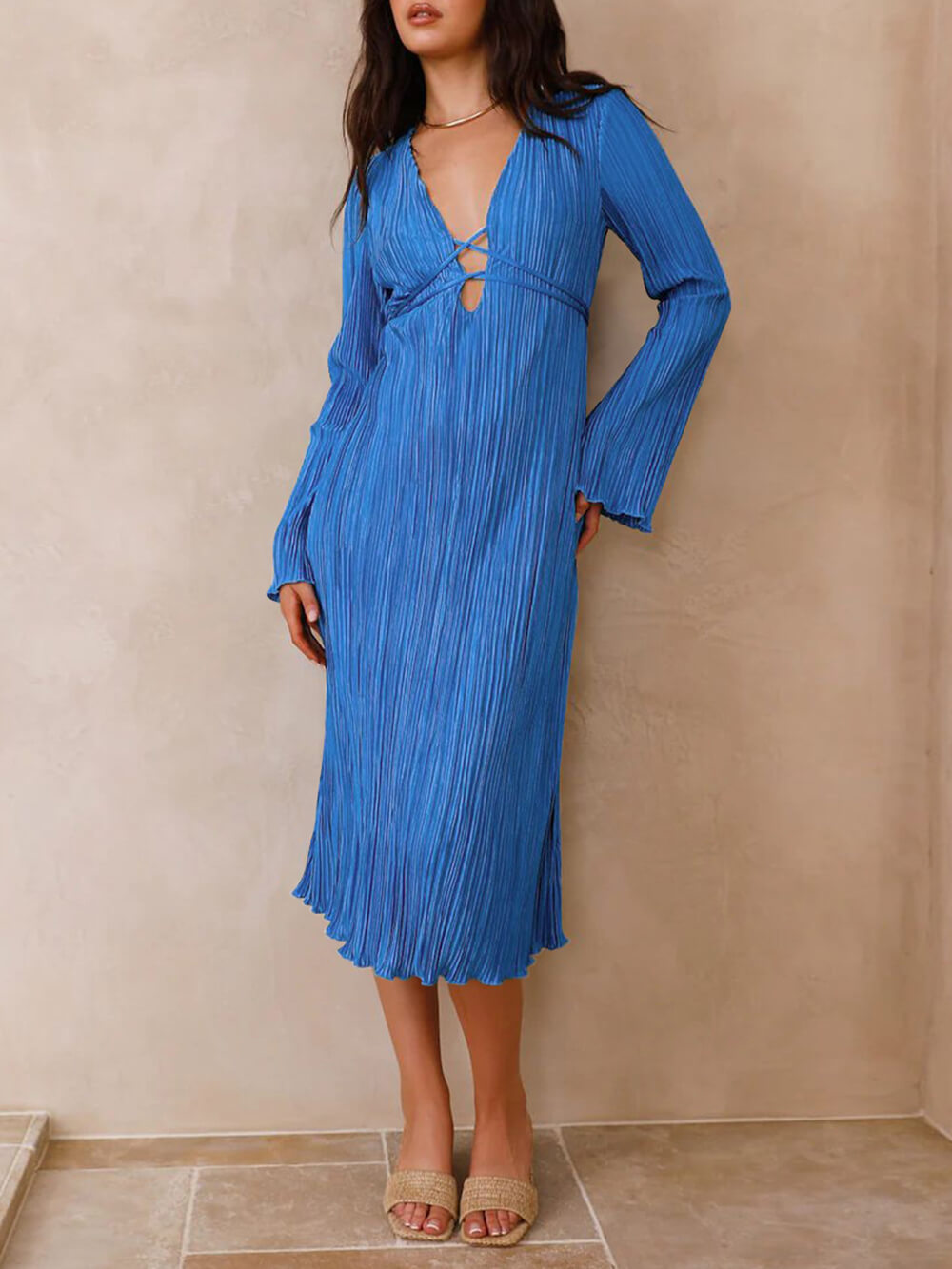 Mountain Vistas Draped Pleated Bell Sleeve Midi Dress