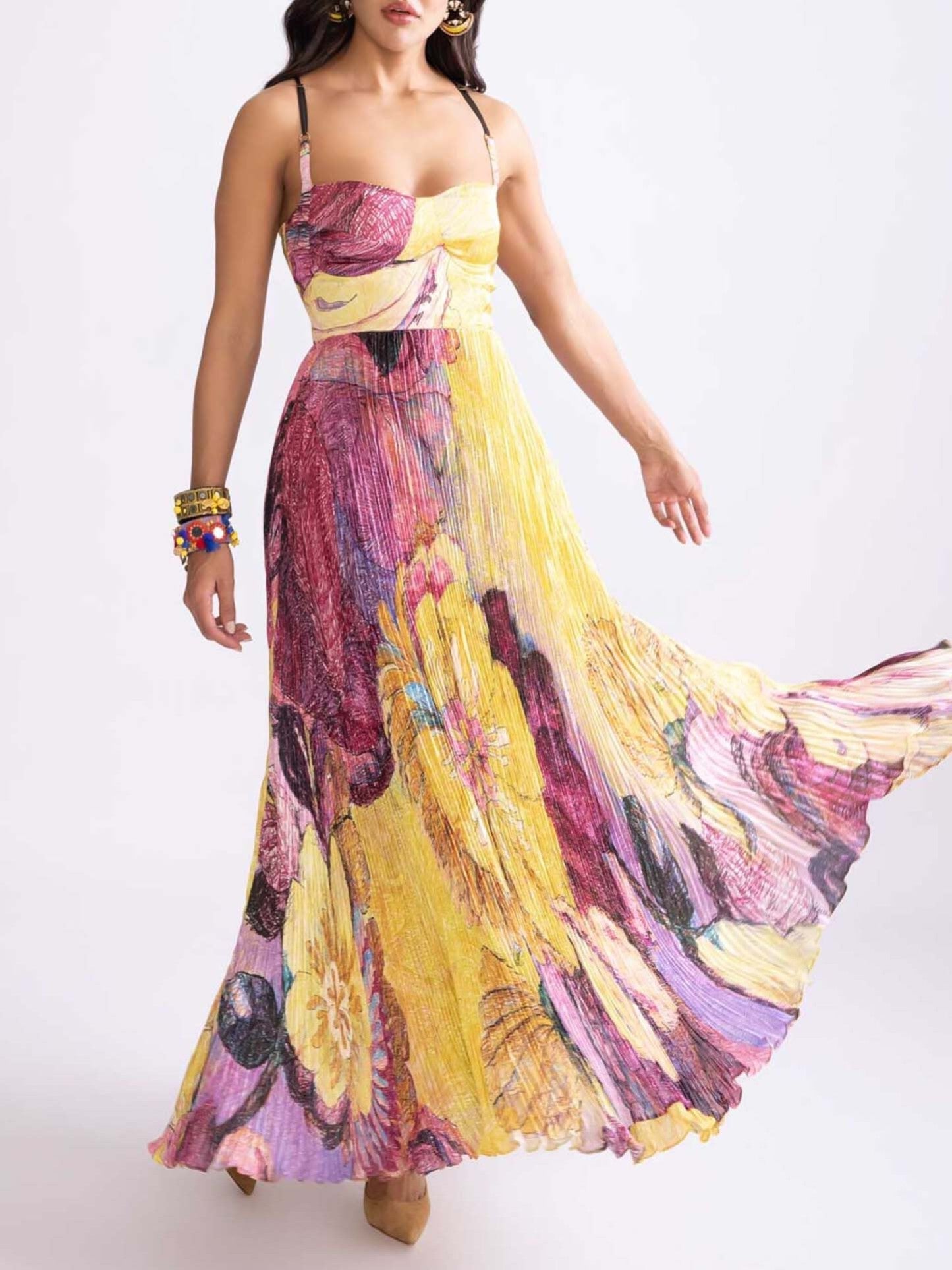 Vintage Art Hand Painted Floral Print Pleated Maxi Dress