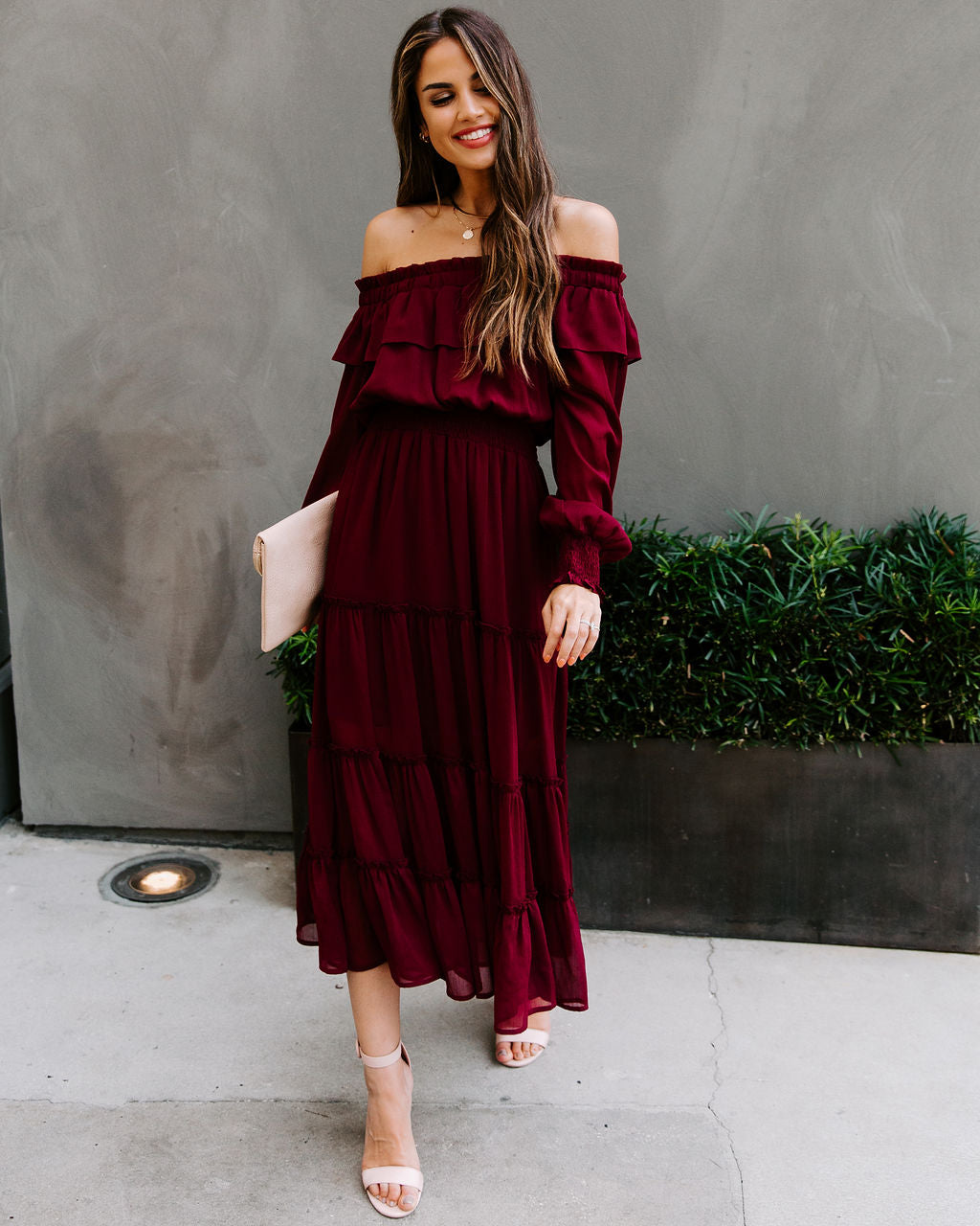 Alicia Off The Shoulder Tiered Midi Dress Burgundy