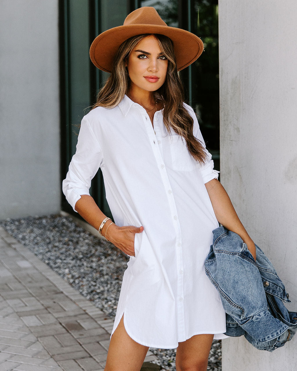Risky Business Pocketed Button Down Shirt Dress White