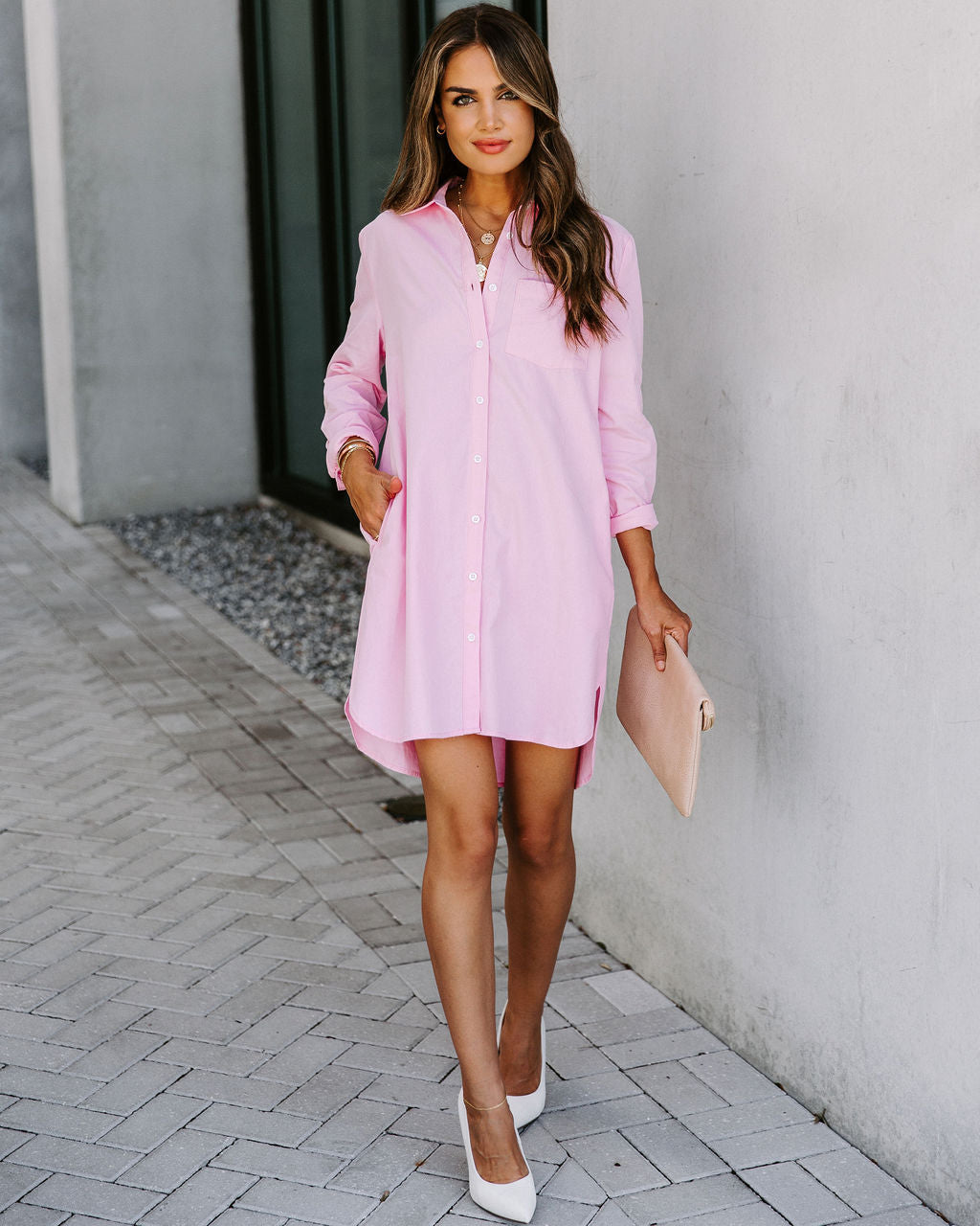 Risky Business Pocketed Button Down Shirt Dress Pink