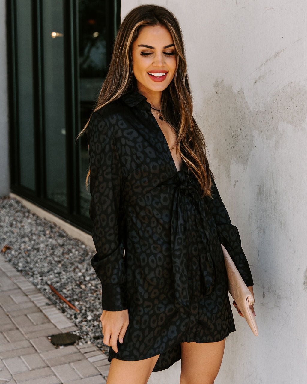 First Kiss Satin Embossed Leopard Tunic Black
