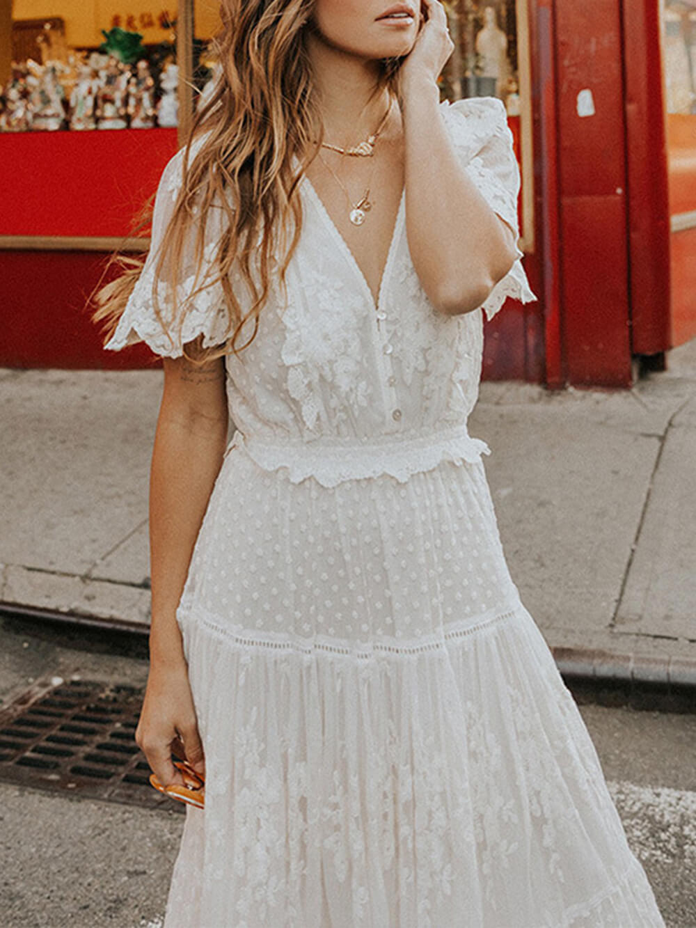 V Neck Short Sleeve Lace Maxi Dress