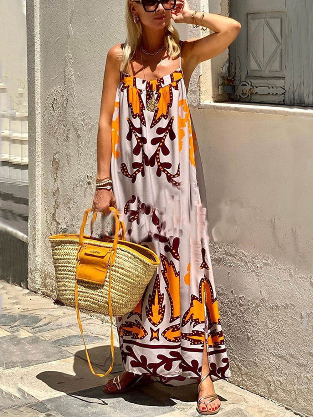 Artemis Delight Ethnic Print Spaghetti Strap Maxi Dress