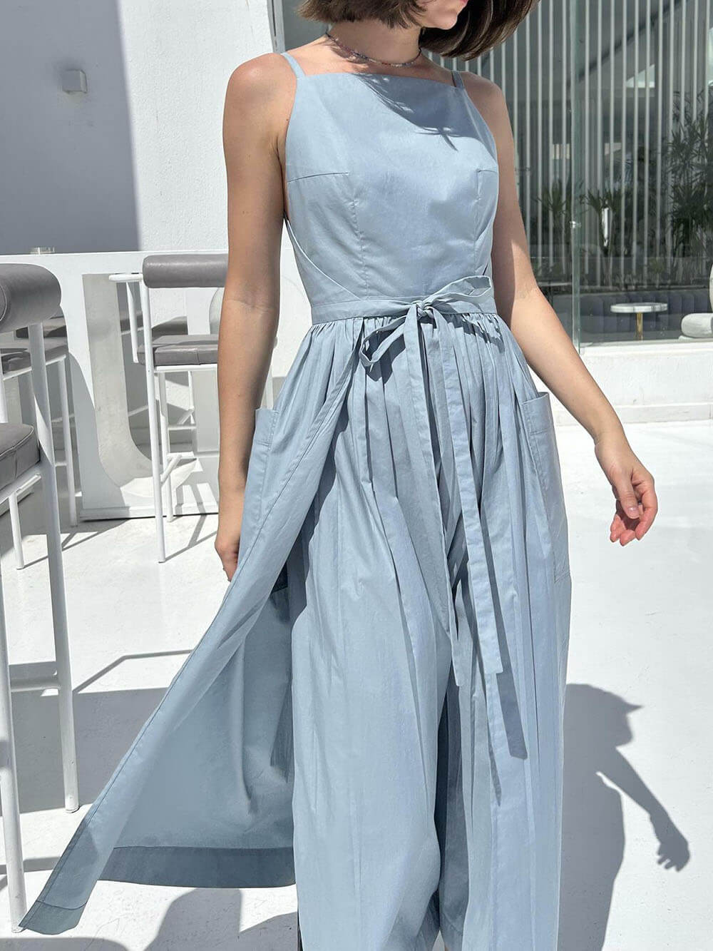 Unique Side Slit Lace Up Pocket Vest Dress