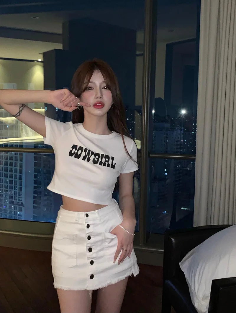 2024 Harajuku "Cowgirl" Print Slim Crop Top
