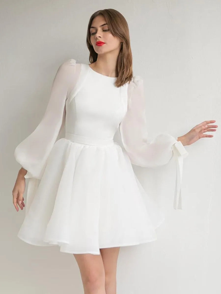 Short Wedding Dresses Jewel Neck Short Long Sleeves Natural Waist Short Organza Wedding Dress Satin Mermaid Bow Satin Court Train Sleeves White Bridal Princess Gown Vestido De Novia Modern