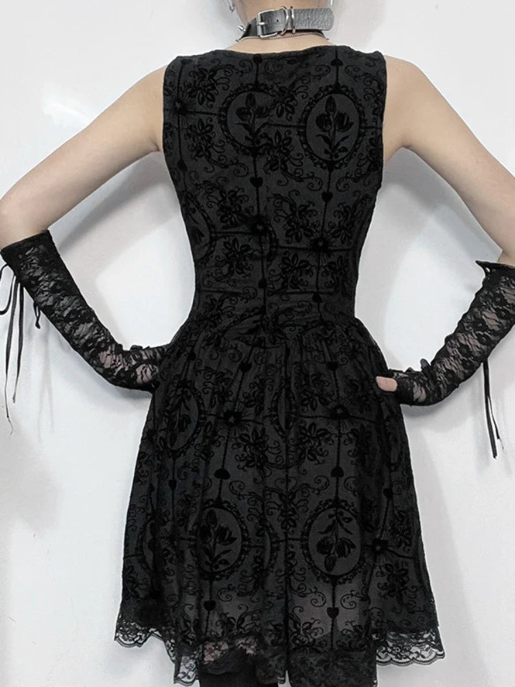 2024 Summer New Harajuku Retro Wrapped Hip Mini Dress Y2K Vintage Gothic Punk Dark Style Tie Up ALine Dress