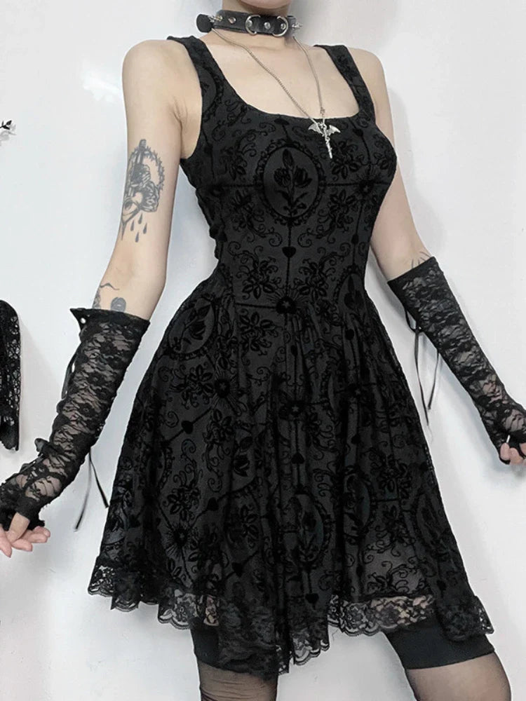 2024 Summer New Harajuku Retro Wrapped Hip Mini Dress Y2K Vintage Gothic Punk Dark Style Tie Up ALine Dress