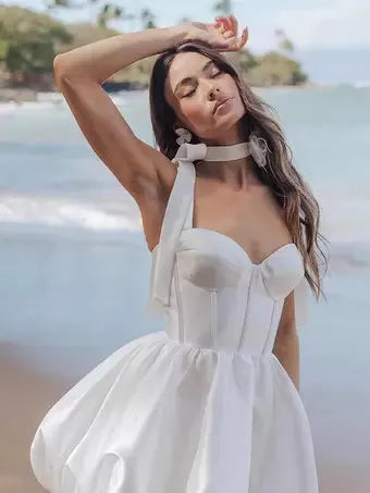 Ivory A-Line Calf Length Turtleneck Long Sleeves Wedding Dress Modern Princess White Vestido De Novia Mermaid Satin Bow Satin Court Train Sleeves Bridal Gowns