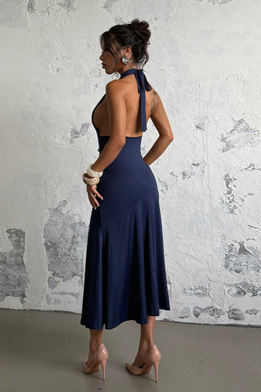 Halter Deep V Backless Midi Dress