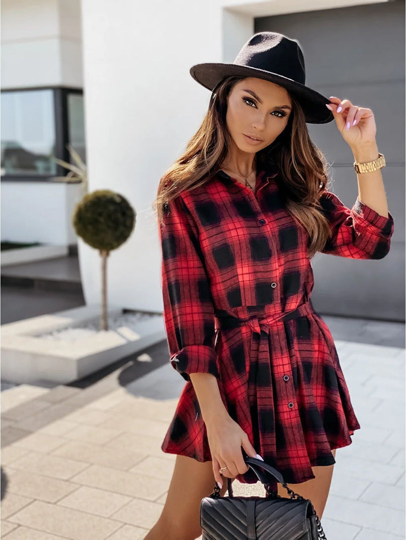 Riana Cotton Plaid Tie Shirt Dress Navy FINAL