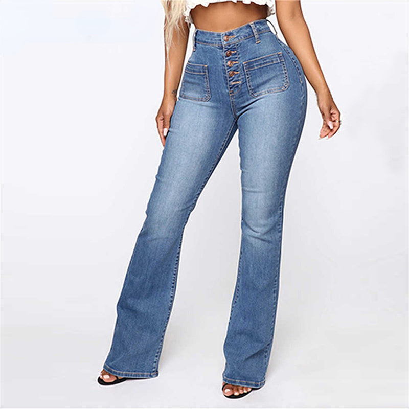 High Waist Elastic Jeans Women Button Washed Denim Pants Femme Pocke