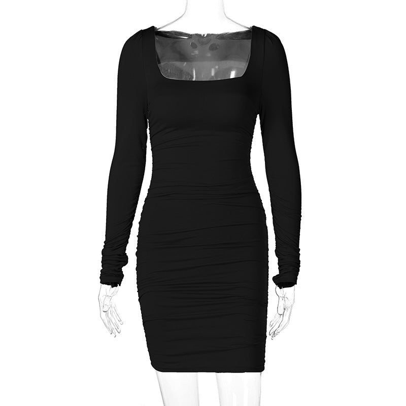Popular Square Collar Pleated Brushed Long Sleeve Slim Dress