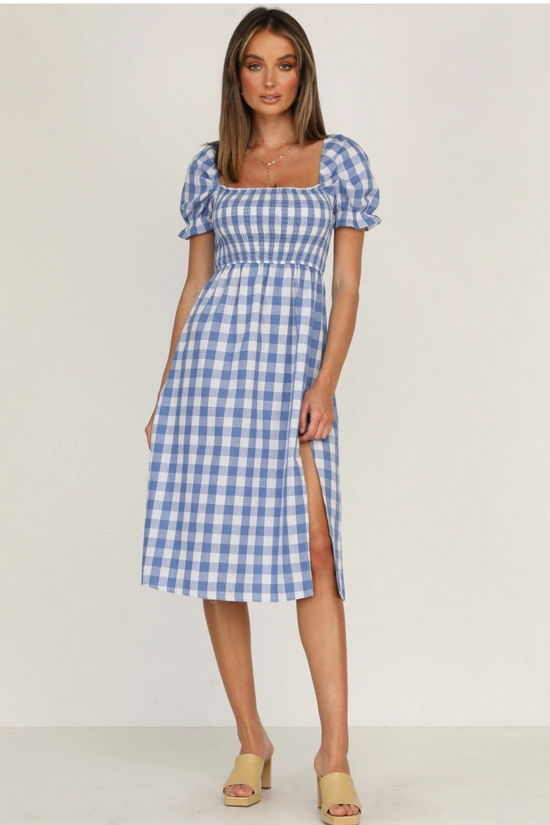 Rye Puff Sleeve Gingham Midi Dress Navy
