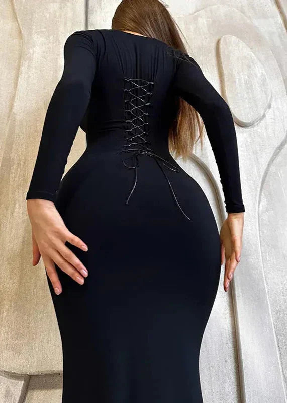 Black Slim Fit Lace Up Backless Long Sleeve Dress