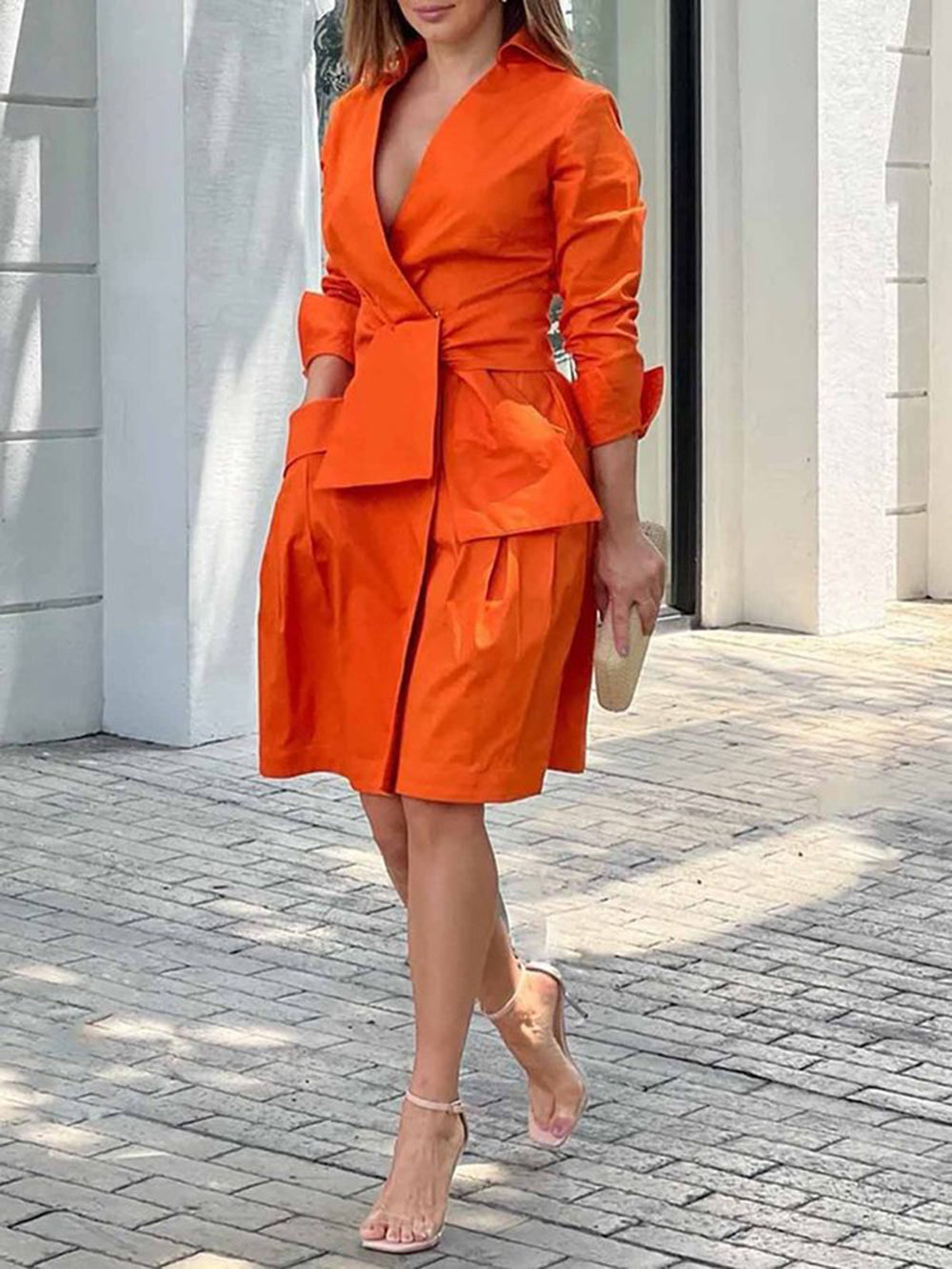 Orange Draped Cotton Wrap Shirt Dress