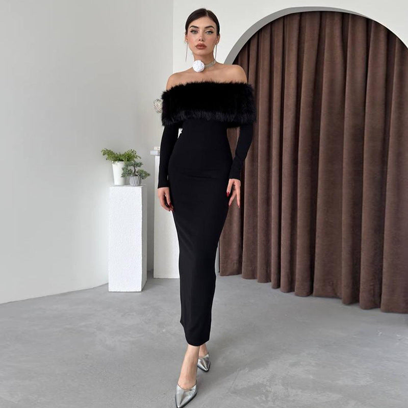 Onyx Fur Midi Dress Black