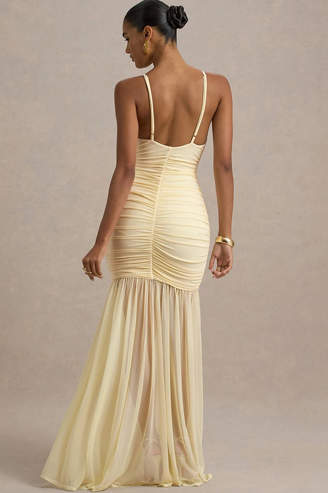 Patchwork V Neck Ruched Backless Maxi Dress