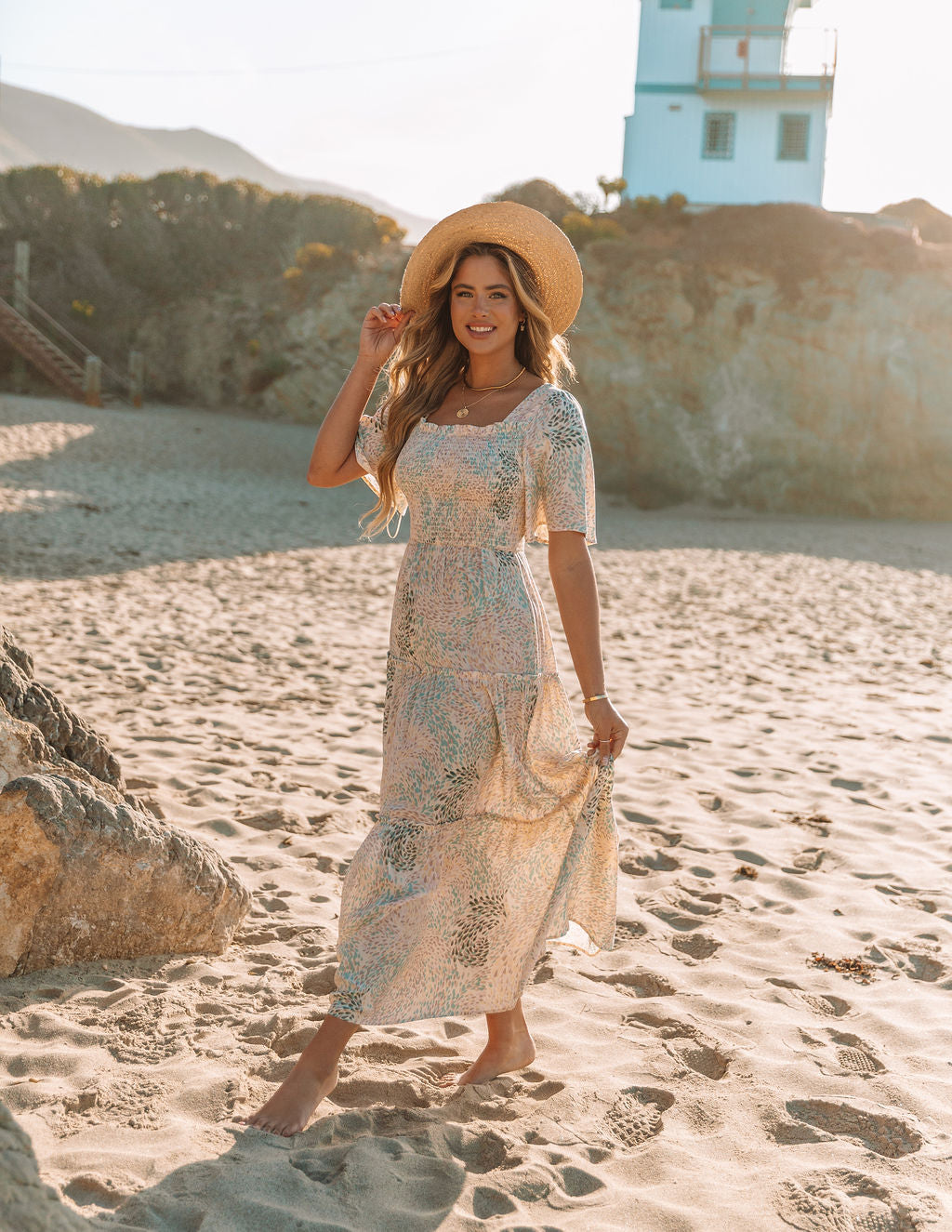Maynard Printed Smocked Maxi Dress Cream
