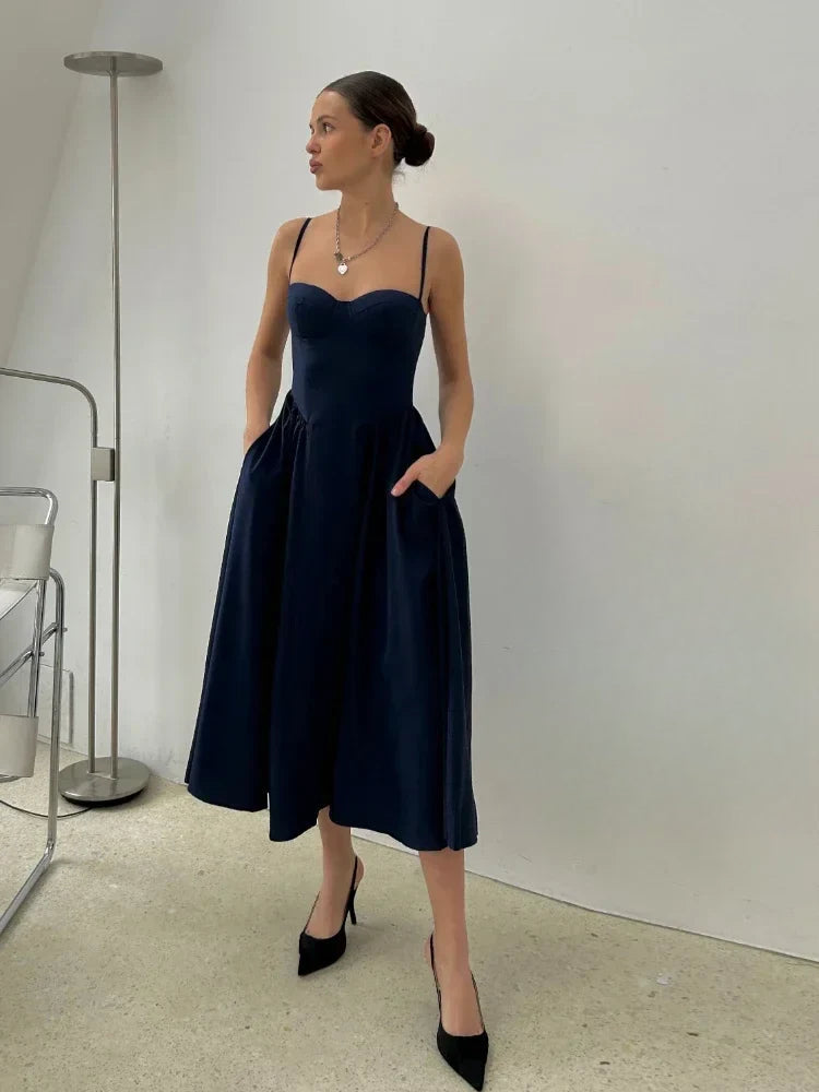 Spaghetti Strap Slim ALine Midi Dress