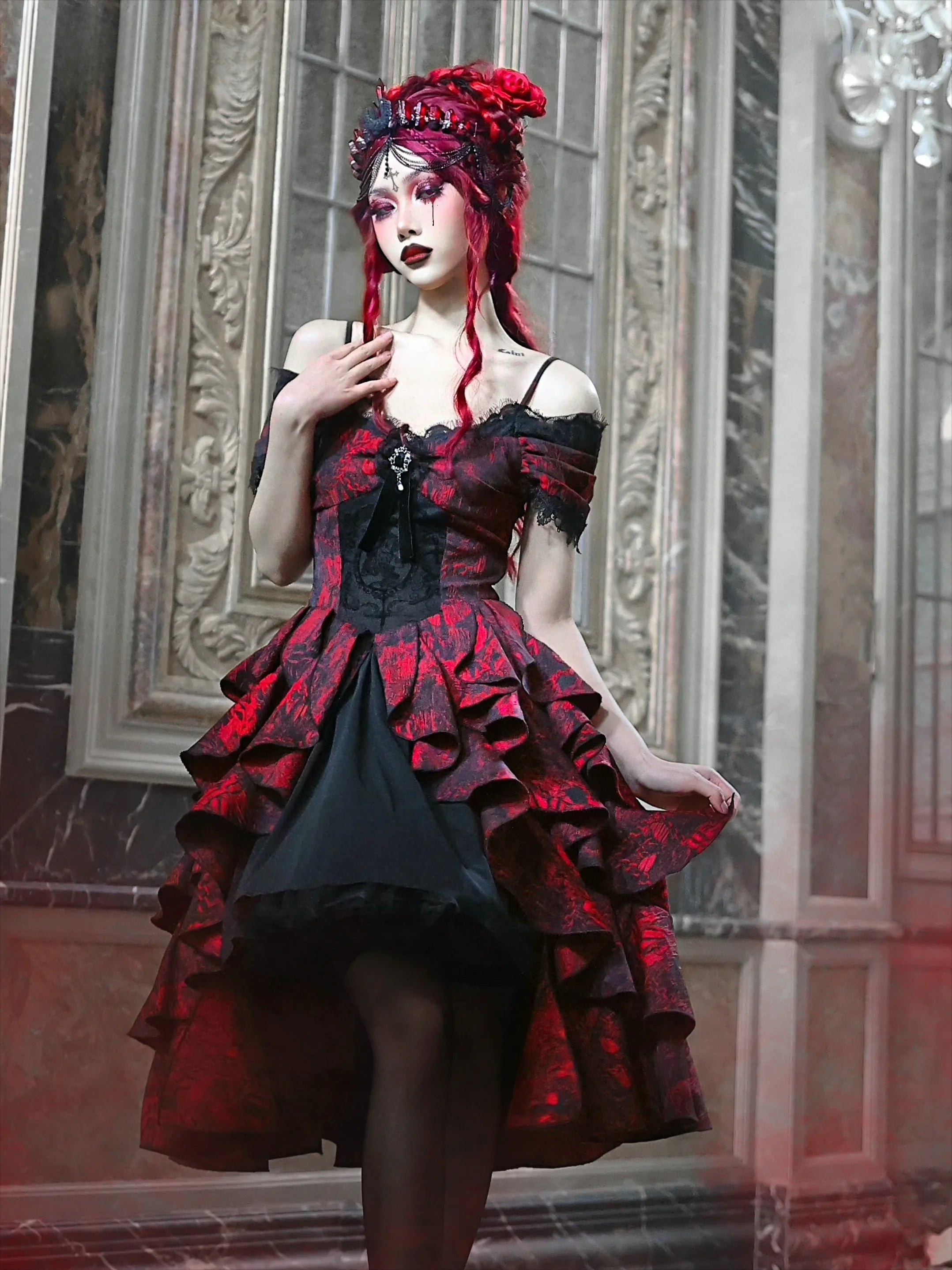 Japanese Gothic Style Red Black Halloween OffShoulder Court Wave Autumn Dark HighWaist Lolita Party Dress