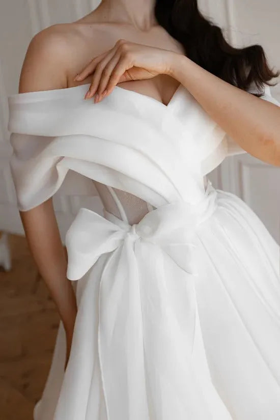 Short Organza Satin Mermaid Princess Court Train Dress Vestido De Novia Bridal Gown Bow Simple