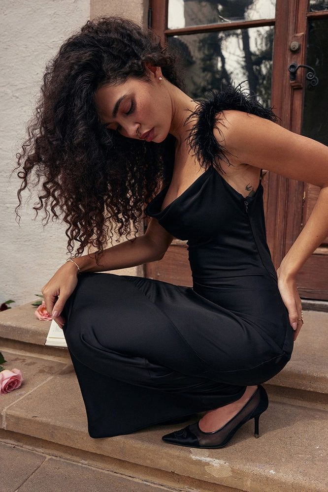 Feather Backless Bodycon Midi Dress