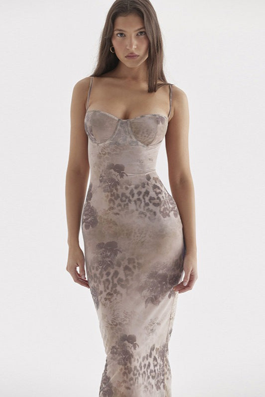 Floral V Neck Cami Bodycon Midi Dress