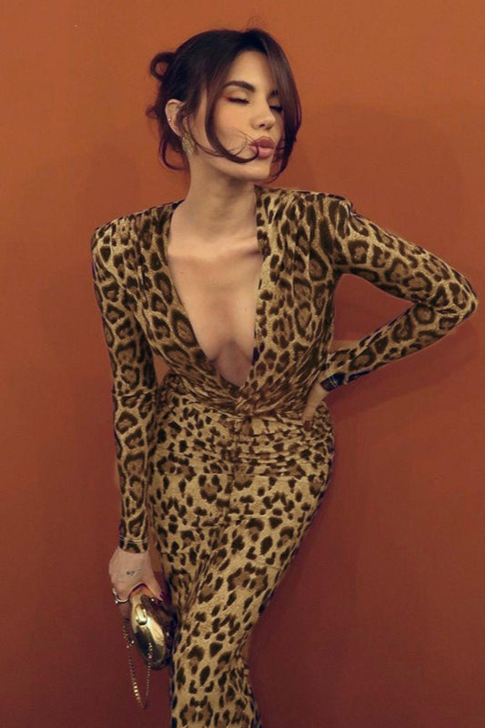 Leopard Knot Front Long Sleeve Maxi Dress
